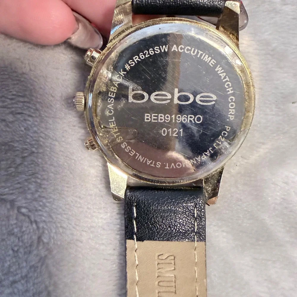 bebe BEB9196RO Rhinestone Gold Tone Black Strap Watch Y2K Glam Untested